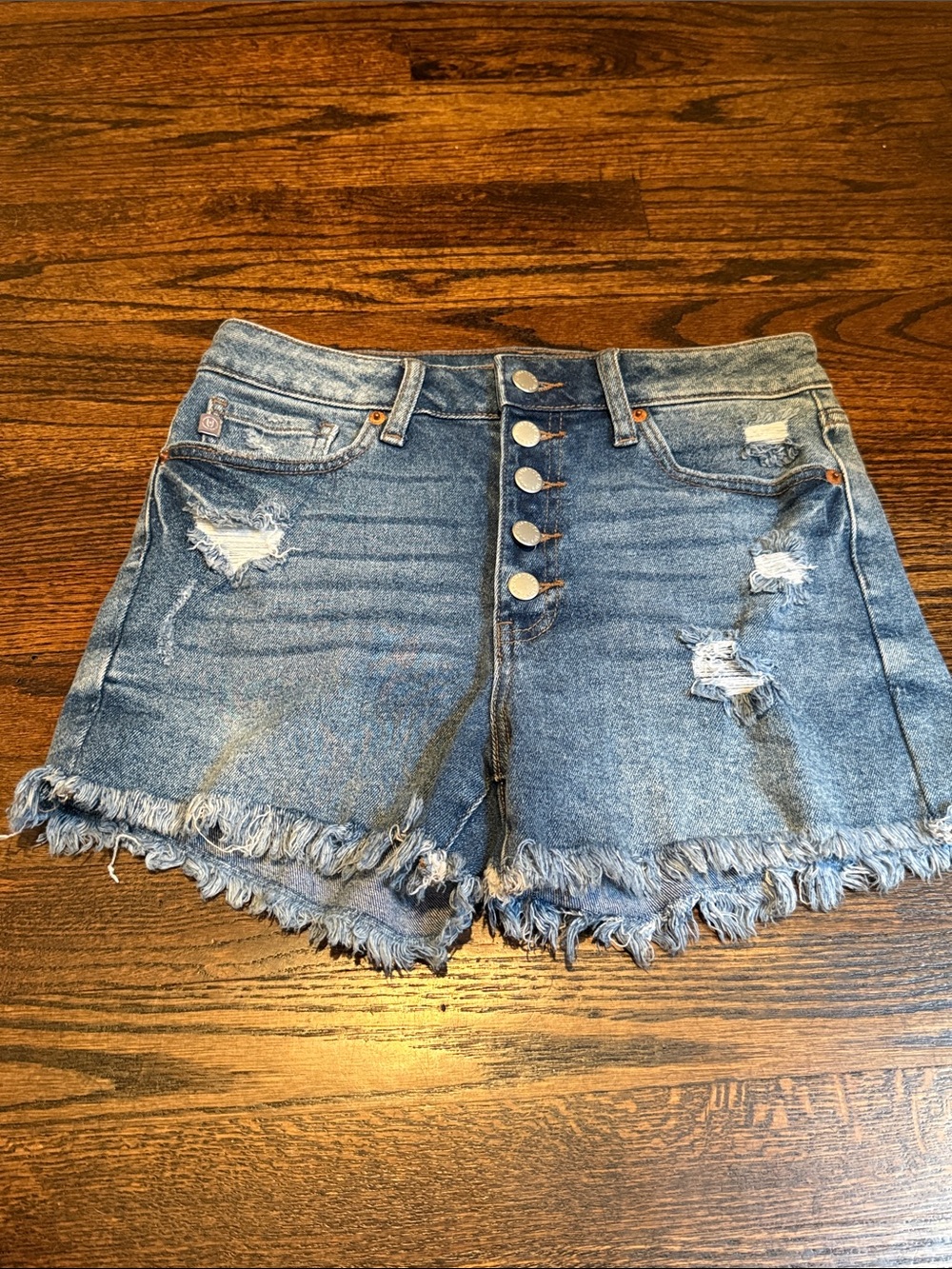 Women’s medium raw hem button up denim shorts